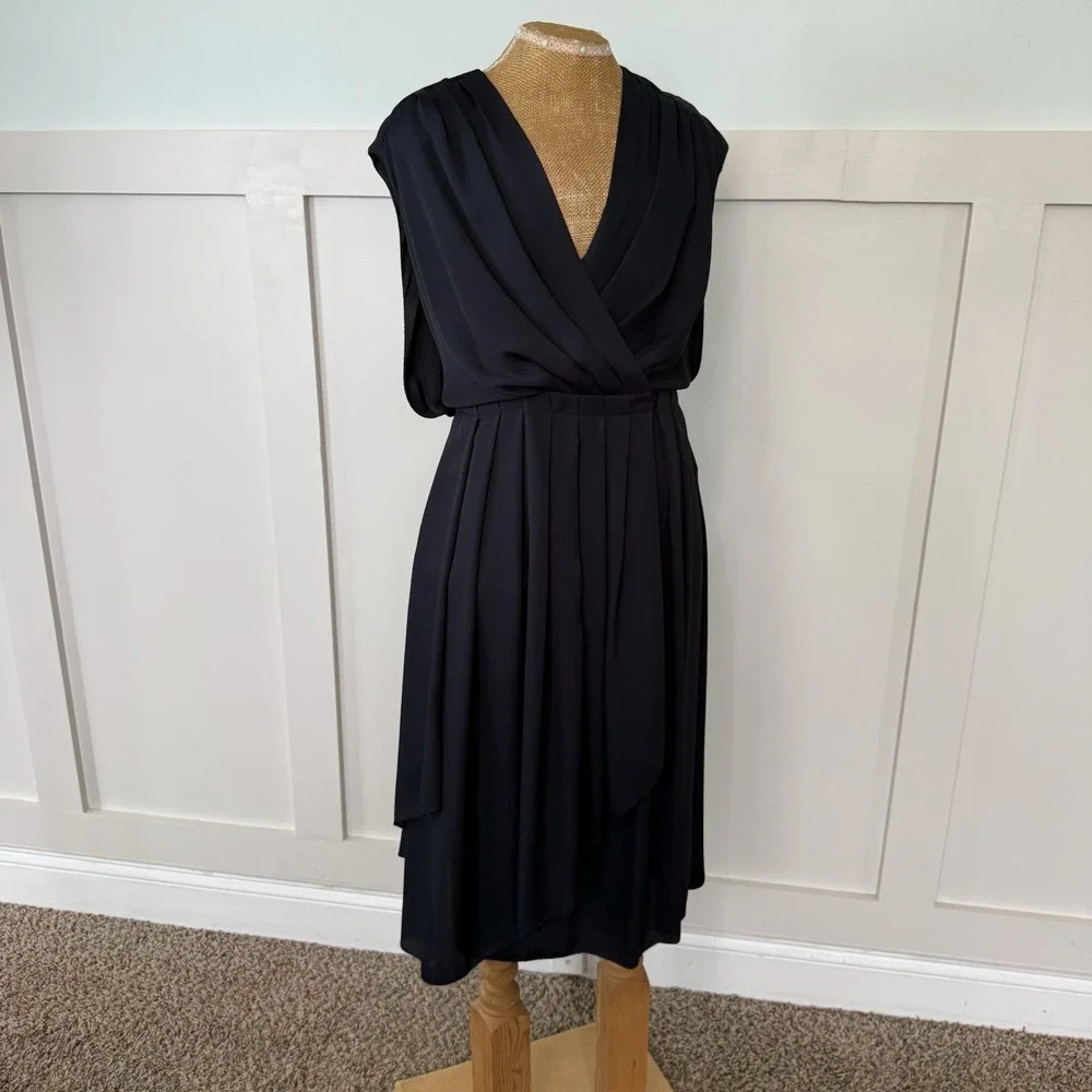 Tory Burch Deep V Neck Asymmetric Midi Wrap Dress 4 Navy Wedding Cocktail Career